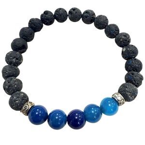 NWOT Etsy Blue Agate Gemstone Black Lava Stone Stretch Beaded Bracelet